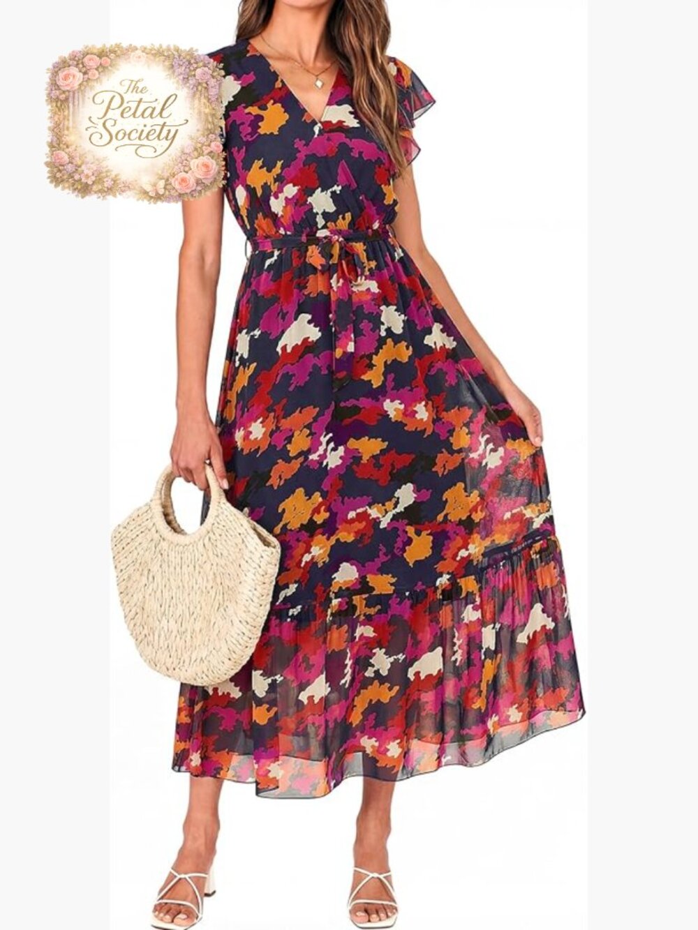 Summer Bohemian Floral Wrap V-Neck Ruffle Sleeveless Midi Dress